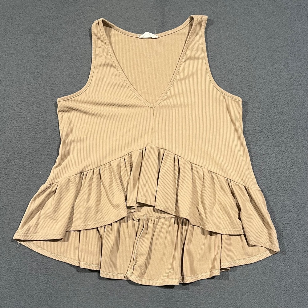 Altard State Tank Top Women S Tan Ribbed Peplum V-Neck Ruffle Boho Sleeveless